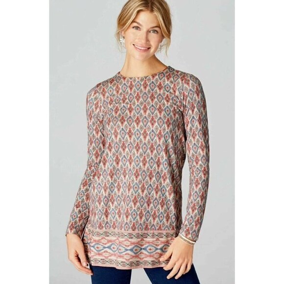 J Jill Womens Luxe Supima Forward Seam Tunic Top Plus Sz 1X Ikat Print Boho - Picture 1 of 9
